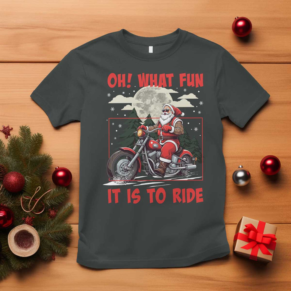 Motorcycle Biker Santa Christmas T Shirt Oh What Fun It is To Ride TS10 Dark Heather Print Your Wear