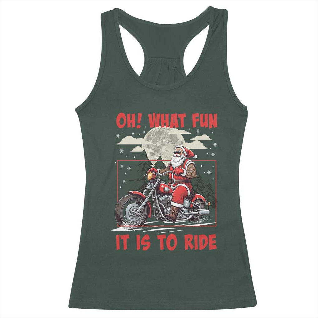 Motorcycle Biker Santa Christmas Racerback Tank Top Oh What Fun It is To Ride TS10 Dark Forest Green Print Your Wear