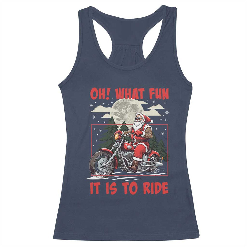 Motorcycle Biker Santa Christmas Racerback Tank Top Oh What Fun It is To Ride TS10 Navy Print Your Wear