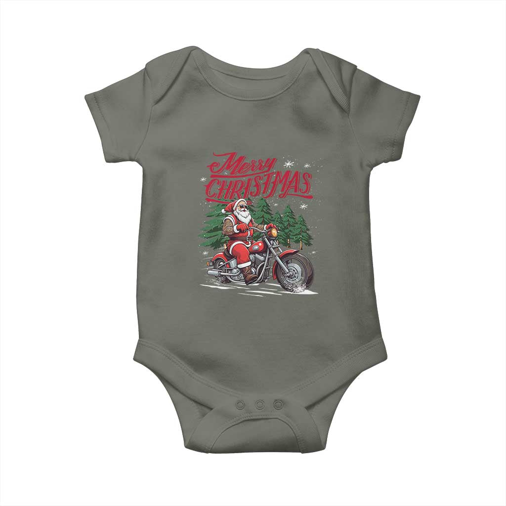Christmas Motorcycle Santa Baby Onesie Funny Motorbike Rider Grandpa Merry Xmas TS10 Military Green Print Your Wear