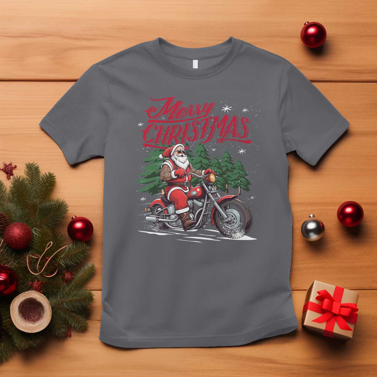 Christmas Motorcycle Santa T Shirt Funny Motorbike Rider Grandpa Merry Xmas TS10 Charcoal Print Your Wear