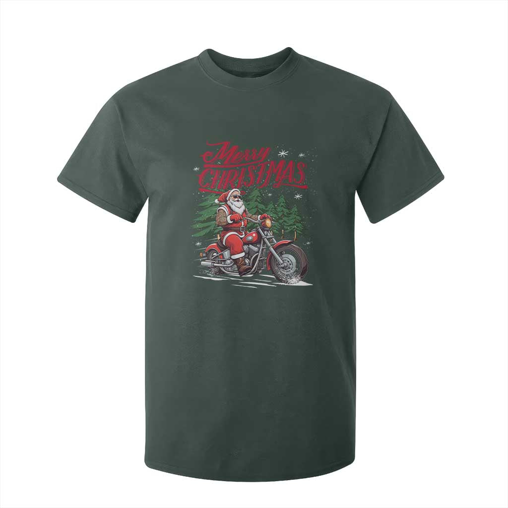 Christmas Motorcycle Santa T Shirt For Kid Funny Motorbike Rider Grandpa Merry Xmas TS10 Dark Forest Green Print Your Wear