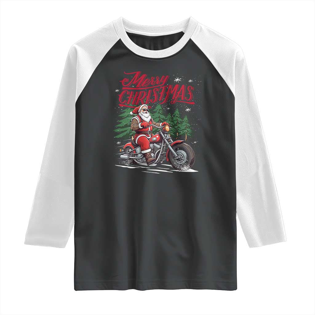 Christmas Motorcycle Santa Raglan Shirt Funny Motorbike Rider Grandpa Merry Xmas TS10 Black White Print Your Wear