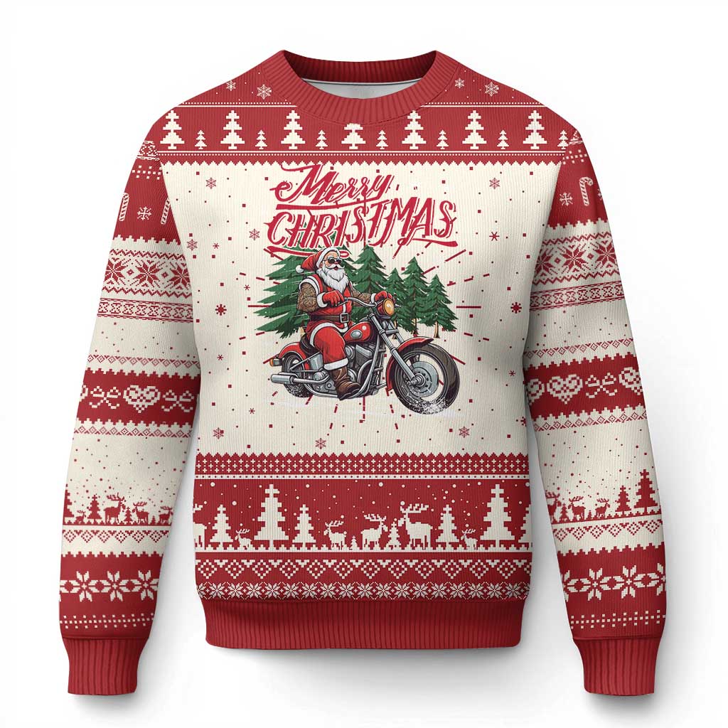 Christmas Motorcycle Santa Ugly Christmas Sweater Funny Motorbike Rider Grandpa Merry Xmas TS10 Red Print Your Wear