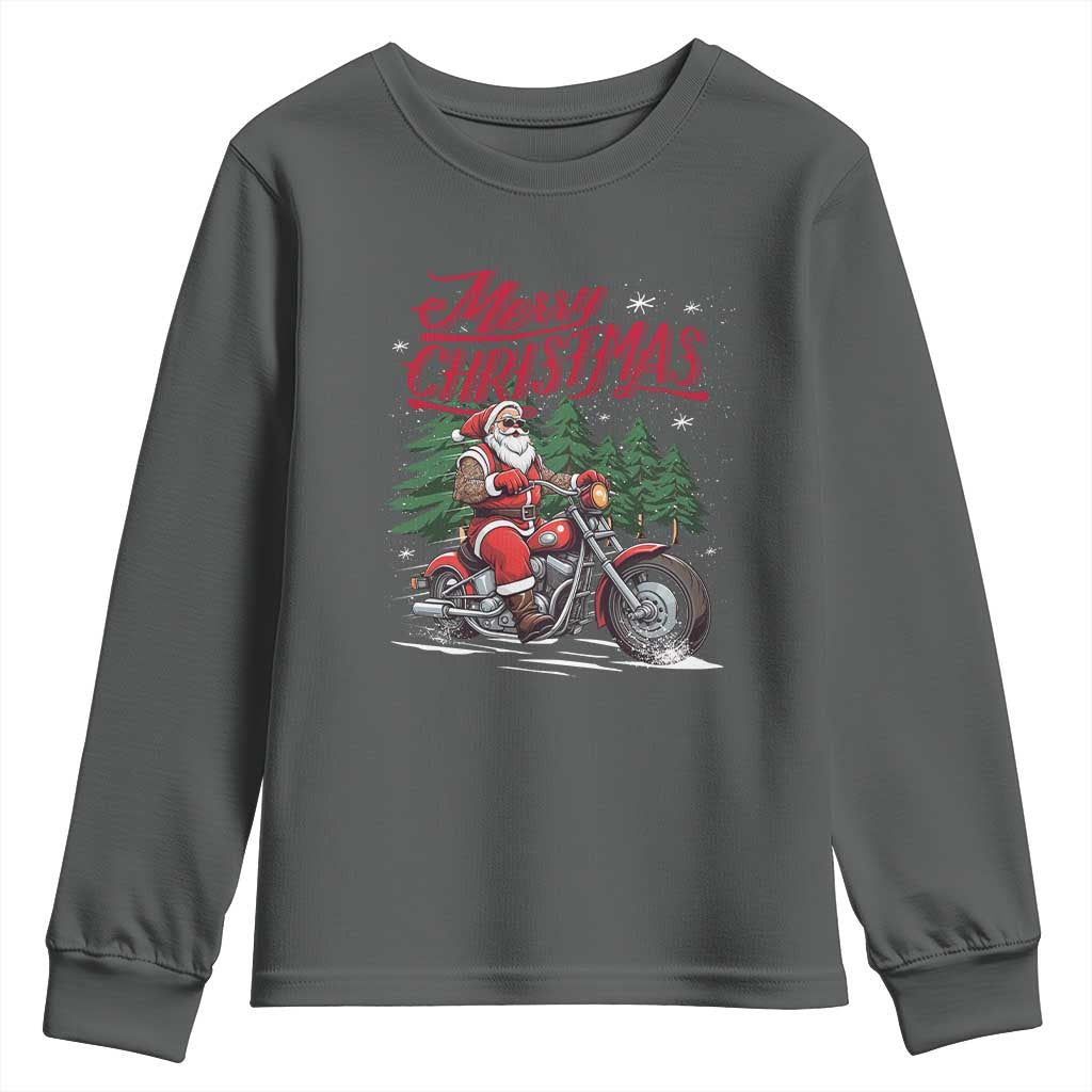 Christmas Motorcycle Santa Youth Sweatshirt Funny Motorbike Rider Grandpa Merry Xmas TS10 Dark Heather Print Your Wear