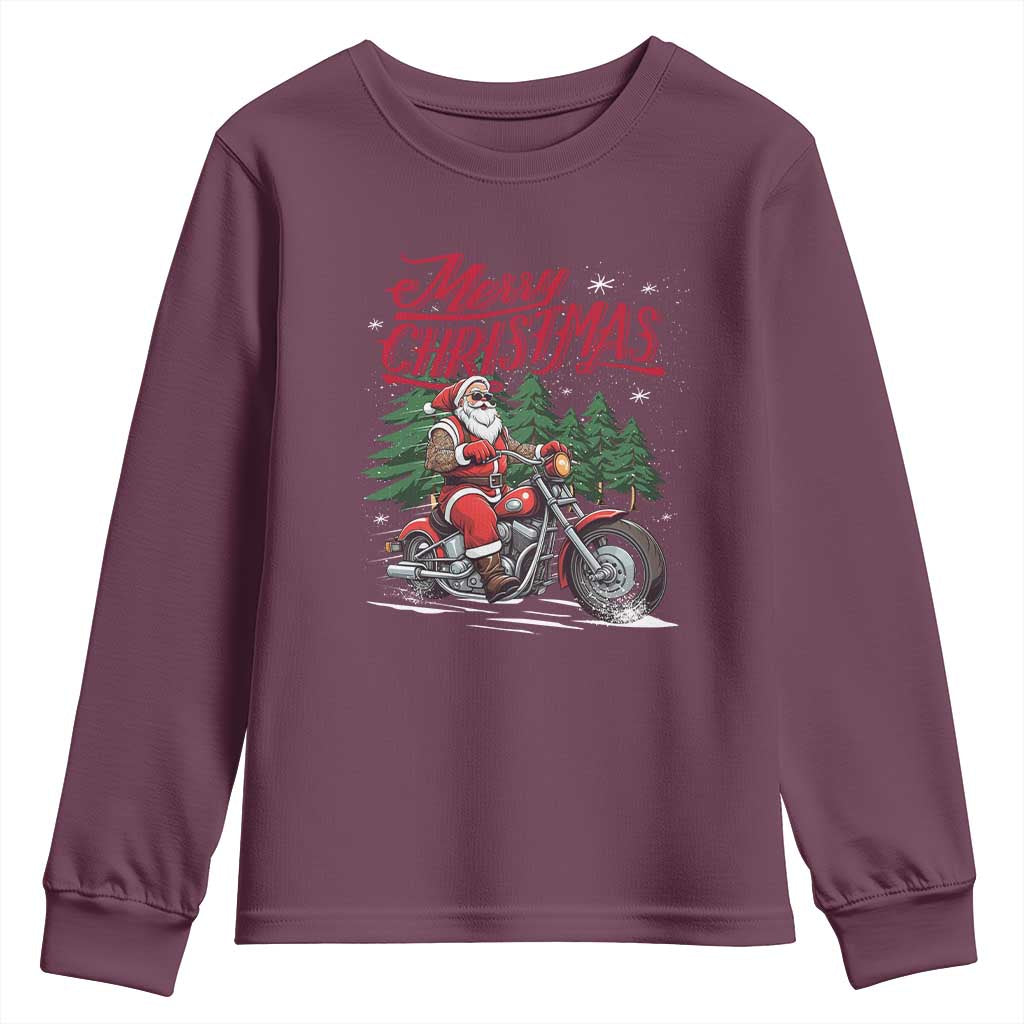 Christmas Motorcycle Santa Youth Sweatshirt Funny Motorbike Rider Grandpa Merry Xmas TS10 Maroon Print Your Wear