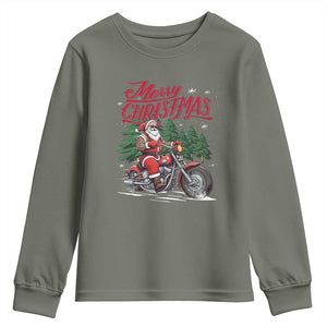 Christmas Motorcycle Santa Youth Sweatshirt Funny Motorbike Rider Grandpa Merry Xmas TS10 Military Green Print Your Wear