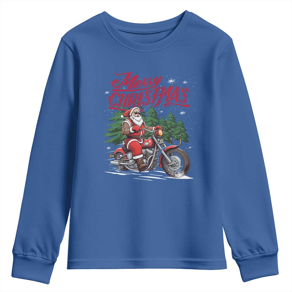 Christmas Motorcycle Santa Youth Sweatshirt Funny Motorbike Rider Grandpa Merry Xmas TS10 Royal Blue Print Your Wear