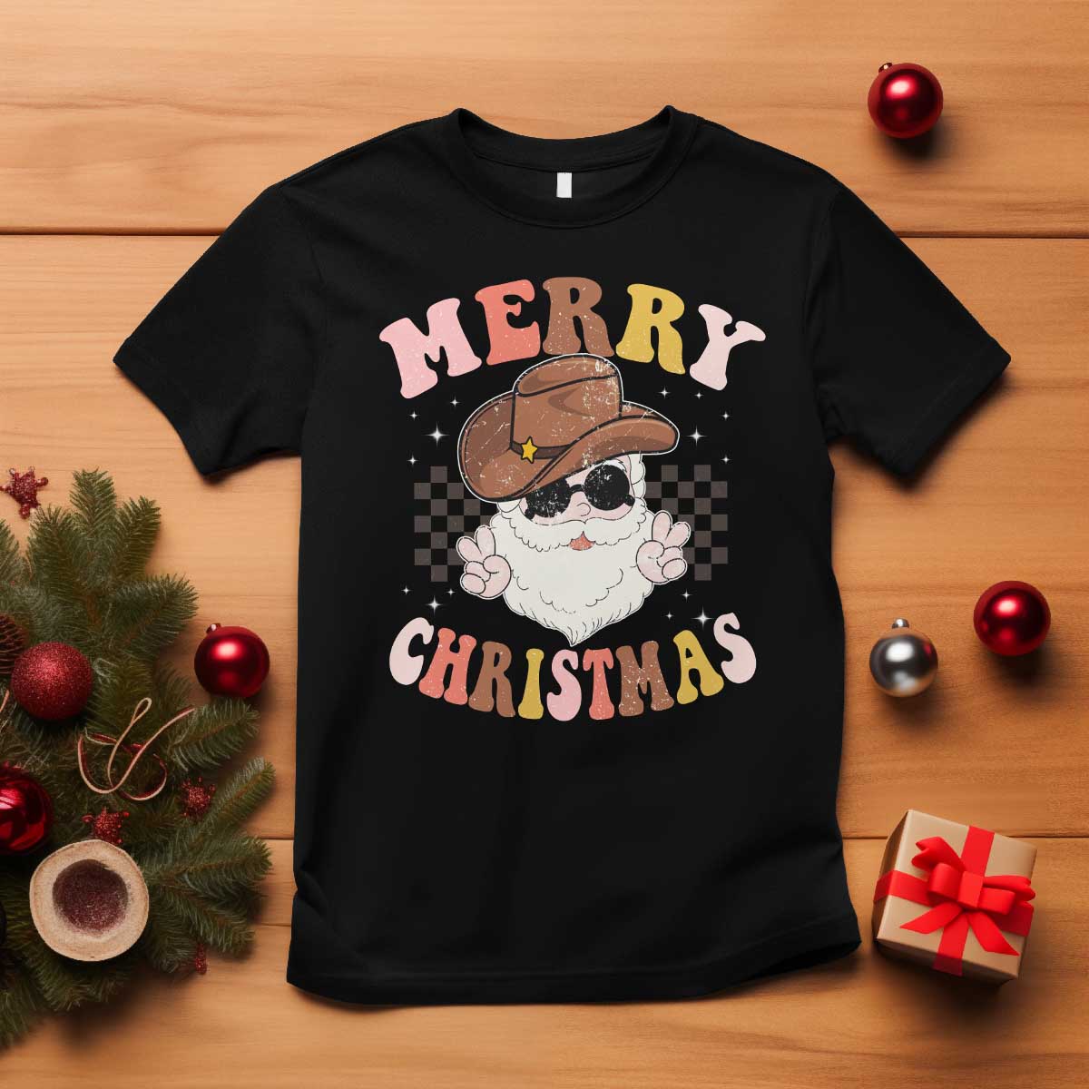 Christmas Cowboy T Shirt Vintage 90s Western Groovy Santa Claus Xmas Vibes TS10 Black Print Your Wear