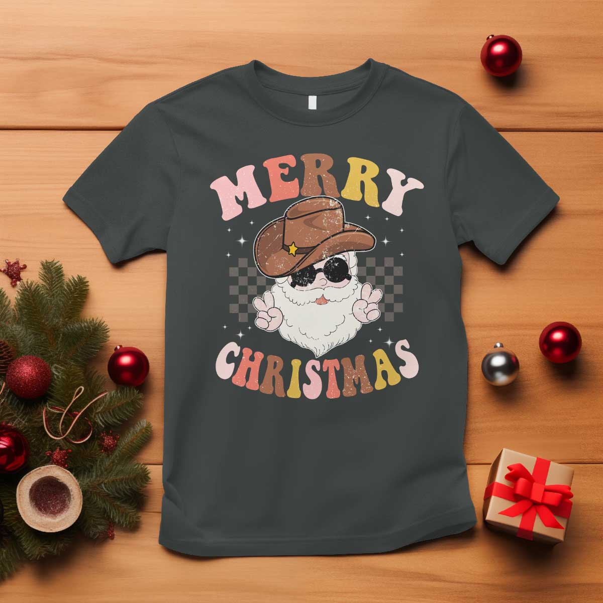 Christmas Cowboy T Shirt Vintage 90s Western Groovy Santa Claus Xmas Vibes TS10 Dark Heather Print Your Wear