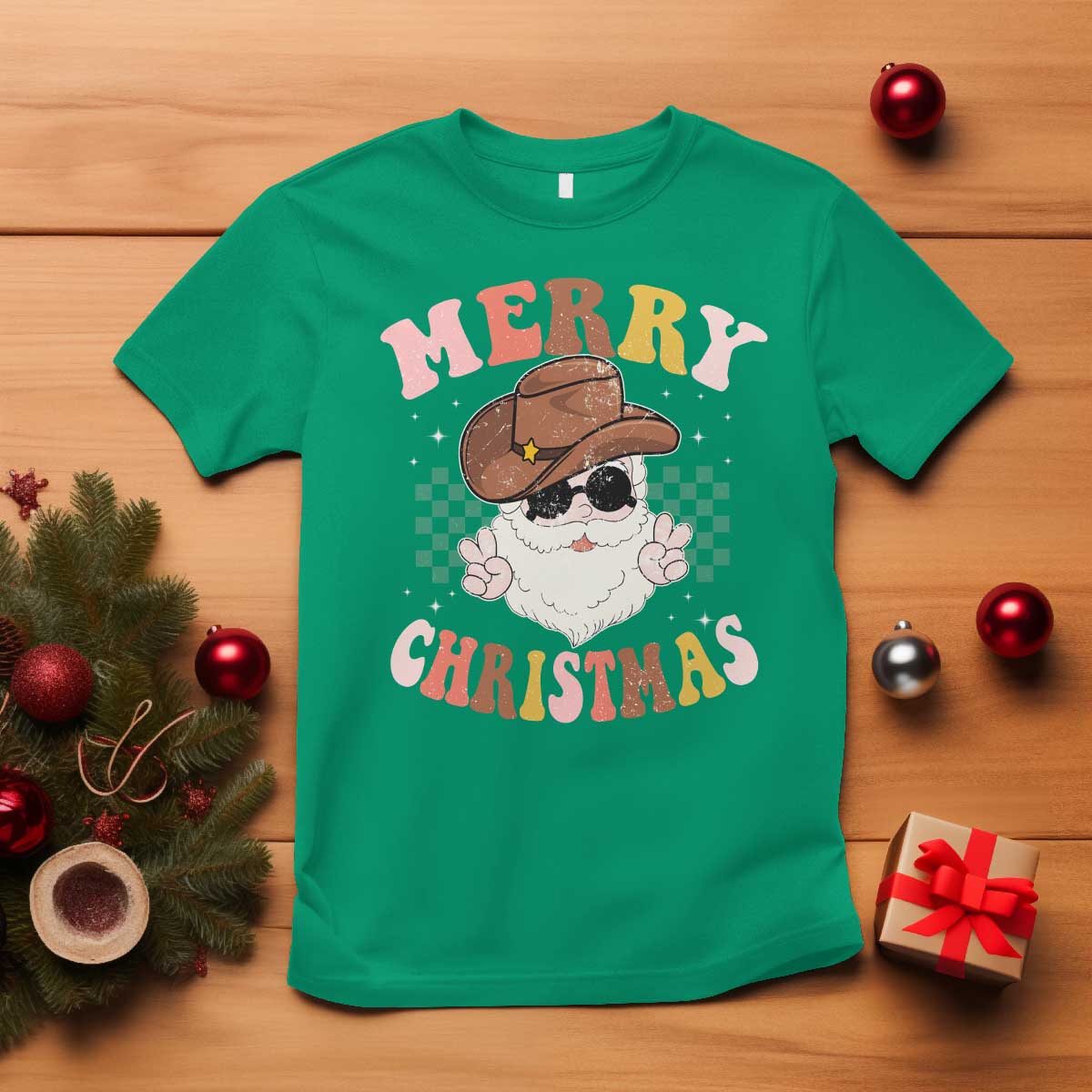 Christmas Cowboy T Shirt Vintage 90s Western Groovy Santa Claus Xmas Vibes TS10 Irish Green Print Your Wear