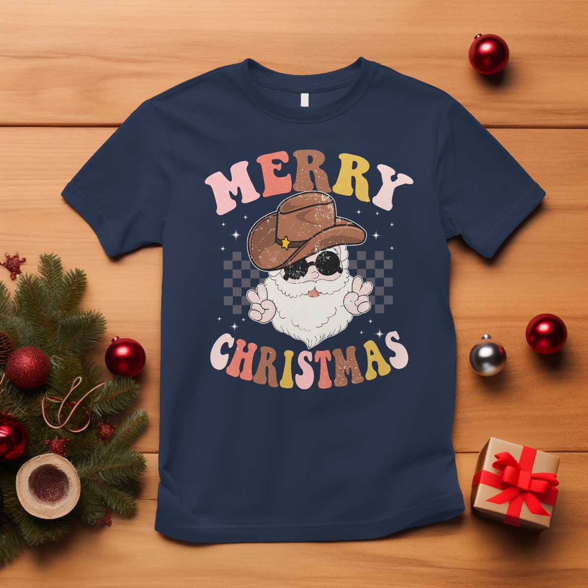 Christmas Cowboy T Shirt Vintage 90s Western Groovy Santa Claus Xmas Vibes TS10 Navy Print Your Wear