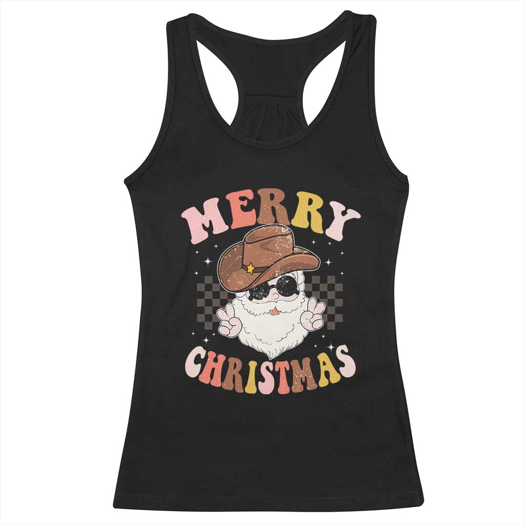 Christmas Cowboy Racerback Tank Top Vintage 90s Western Groovy Santa Claus Xmas Vibes TS10 Black Print Your Wear