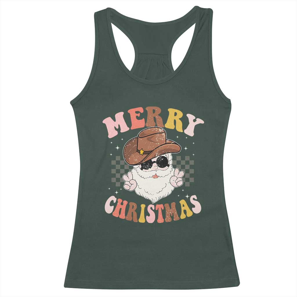 Christmas Cowboy Racerback Tank Top Vintage 90s Western Groovy Santa Claus Xmas Vibes TS10 Dark Forest Green Print Your Wear