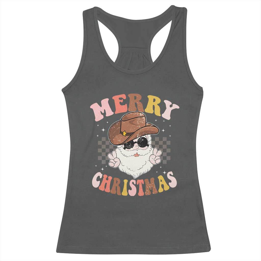 Christmas Cowboy Racerback Tank Top Vintage 90s Western Groovy Santa Claus Xmas Vibes TS10 Dark Heather Print Your Wear