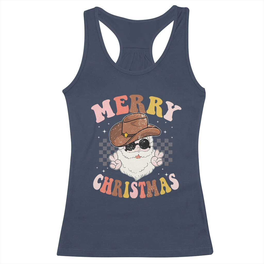 Christmas Cowboy Racerback Tank Top Vintage 90s Western Groovy Santa Claus Xmas Vibes TS10 Navy Print Your Wear