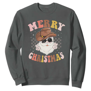 Christmas Cowboy Sweatshirt Vintage 90s Western Groovy Santa Claus Xmas Vibes TS10 Dark Heather Print Your Wear