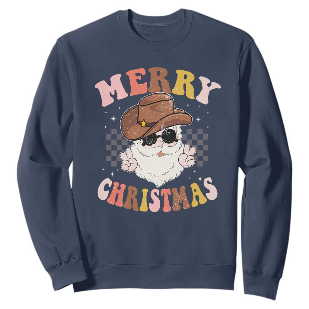Christmas Cowboy Sweatshirt Vintage 90s Western Groovy Santa Claus Xmas Vibes TS10 Navy Print Your Wear
