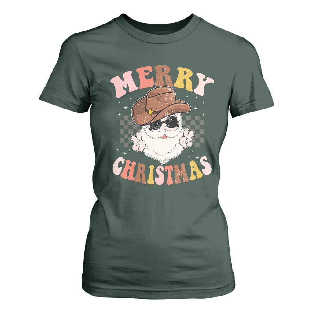 Christmas Cowboy T Shirt For Women Vintage 90s Western Groovy Santa Claus Xmas Vibes TS10 Dark Forest Green Print Your Wear