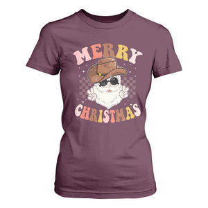 Christmas Cowboy T Shirt For Women Vintage 90s Western Groovy Santa Claus Xmas Vibes TS10 Maroon Print Your Wear
