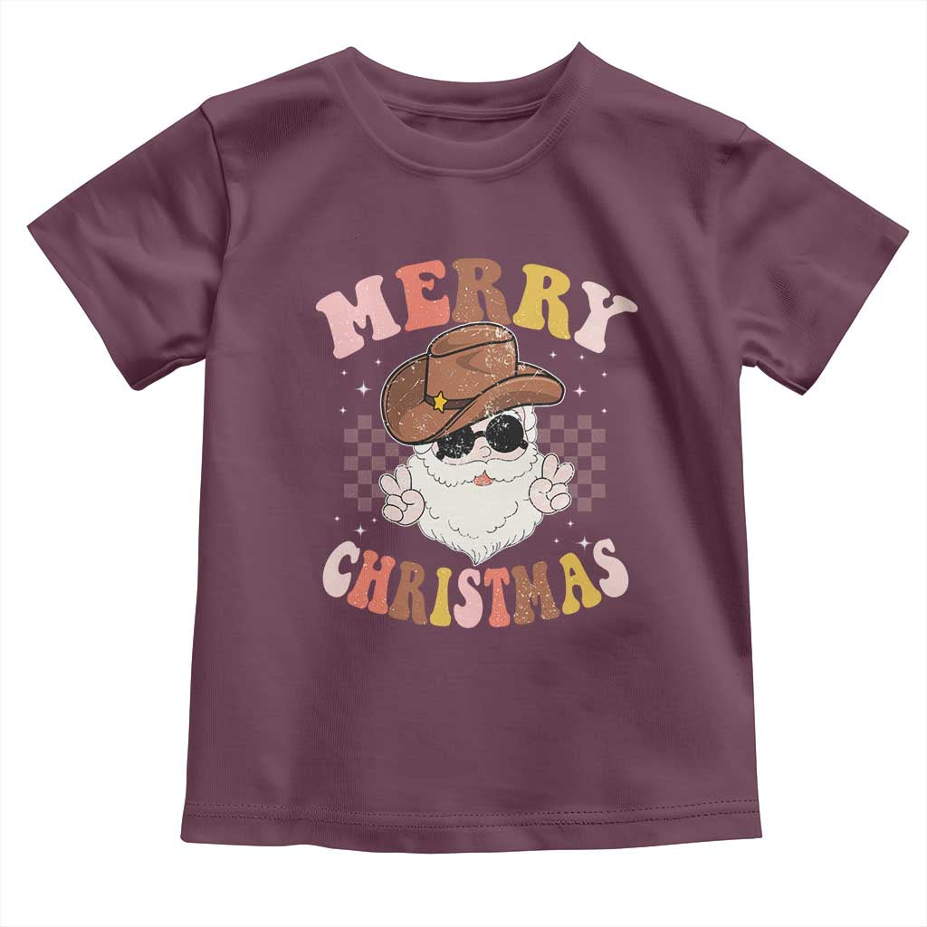 Christmas Cowboy Toddler T Shirt Vintage 90s Western Groovy Santa Claus Xmas Vibes TS10 Maroon Print Your Wear