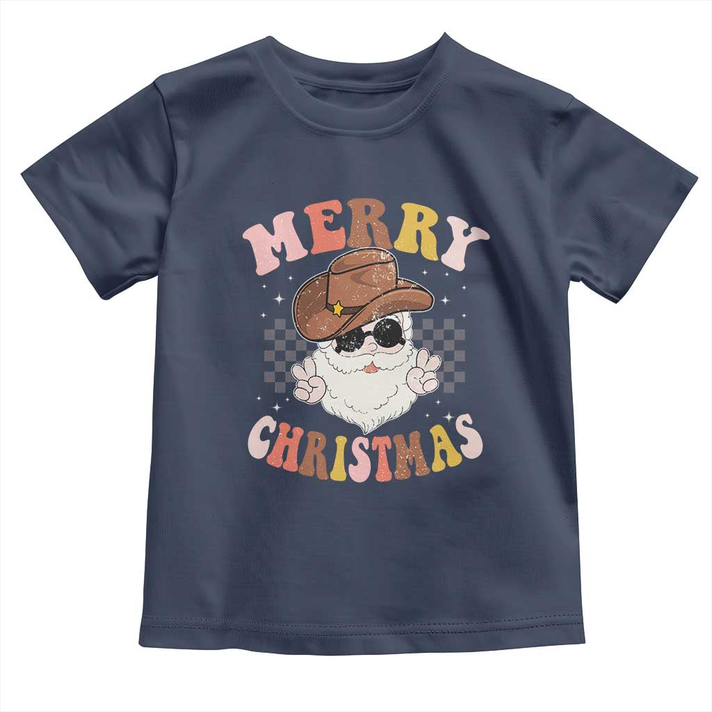 Christmas Cowboy Toddler T Shirt Vintage 90s Western Groovy Santa Claus Xmas Vibes TS10 Navy Print Your Wear