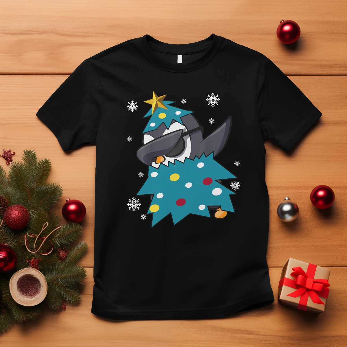 Christmas Penguin T Shirt Funny Animals Xmas Tree Lights Boys Kids TS10 Black Print Your Wear