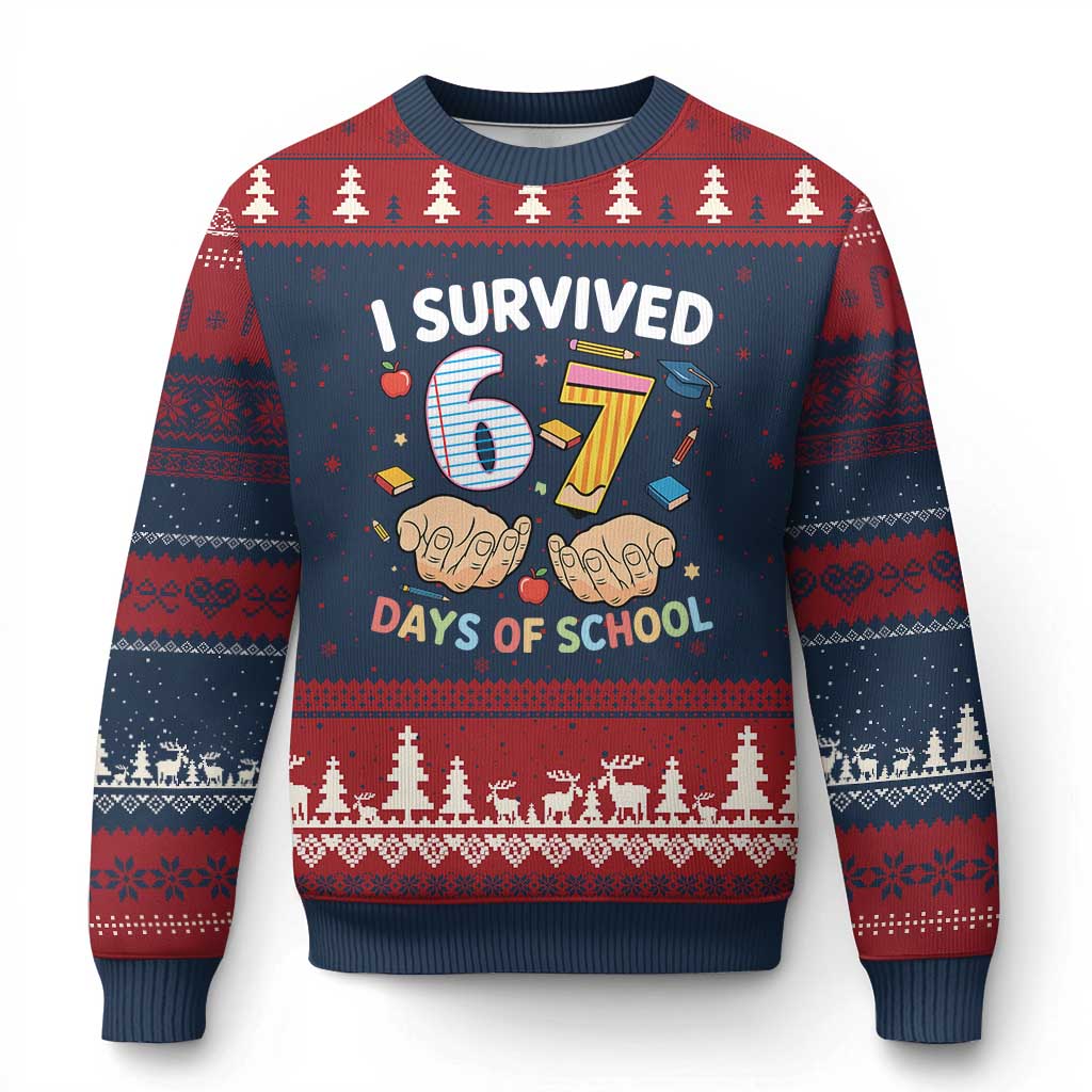 I Survived 67 Days of School Funny Six Seven Meme Ugly Christmas Sweater TS10 Navy Red Print Your Wear