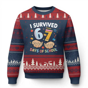 I Survived 67 Days of School Funny Six Seven Meme Ugly Christmas Sweater TS10 Navy Red Print Your Wear