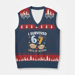 I Survived 67 Days of School Funny Six Seven Meme V-Neck Knit Sweater Vest TS10 Navy Red Print Your Wear
