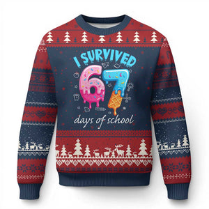 I Survived 67 Days of School Funny Six Seven Meme Ugly Christmas Sweater Baseball Ice Cream Dripping TS10 Navy Red Print Your Wear