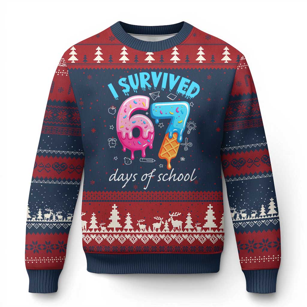 I Survived 67 Days of School Funny Six Seven Meme Ugly Christmas Sweater Baseball Ice Cream Dripping TS10 Navy Red Print Your Wear