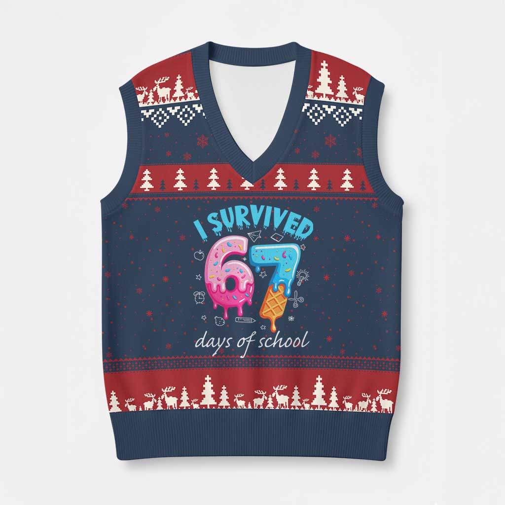 I Survived 67 Days of School Funny Six Seven Meme V-Neck Knit Sweater Vest Baseball Ice Cream Dripping TS10 Navy Red Print Your Wear