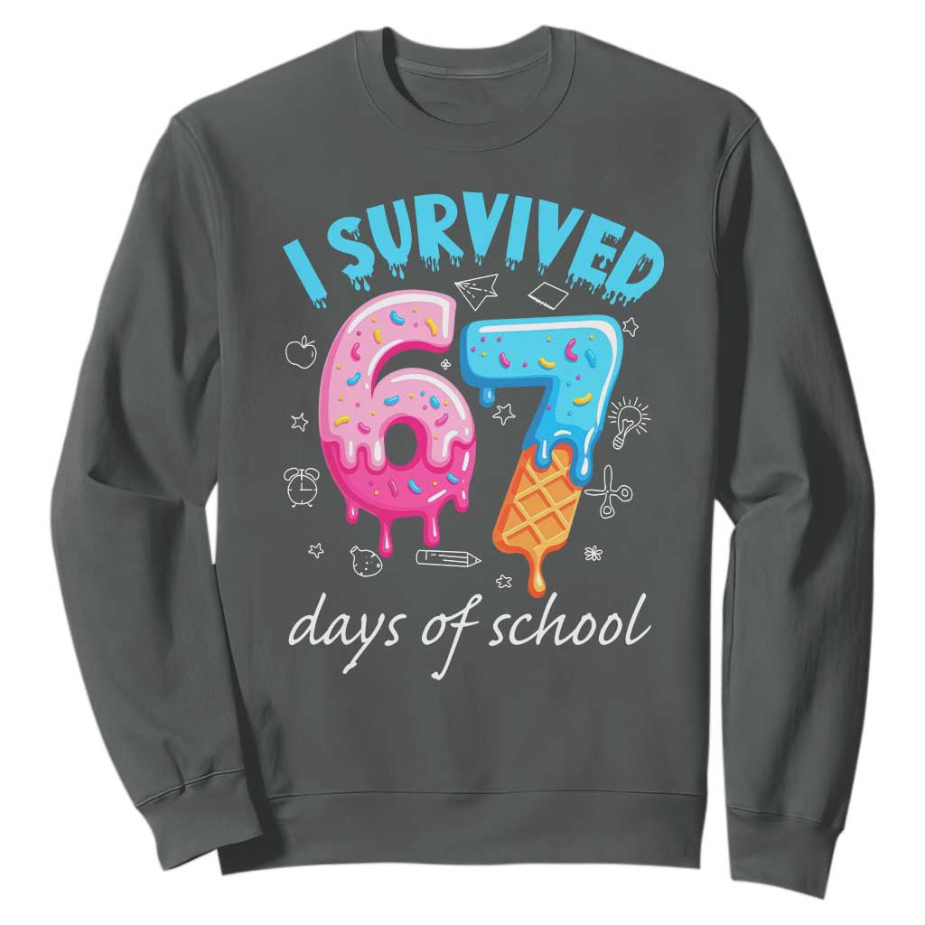 I Survived 67 Days of School Funny Six Seven Meme Sweatshirt Baseball Ice Cream Dripping TS10 Dark Heather Print Your Wear