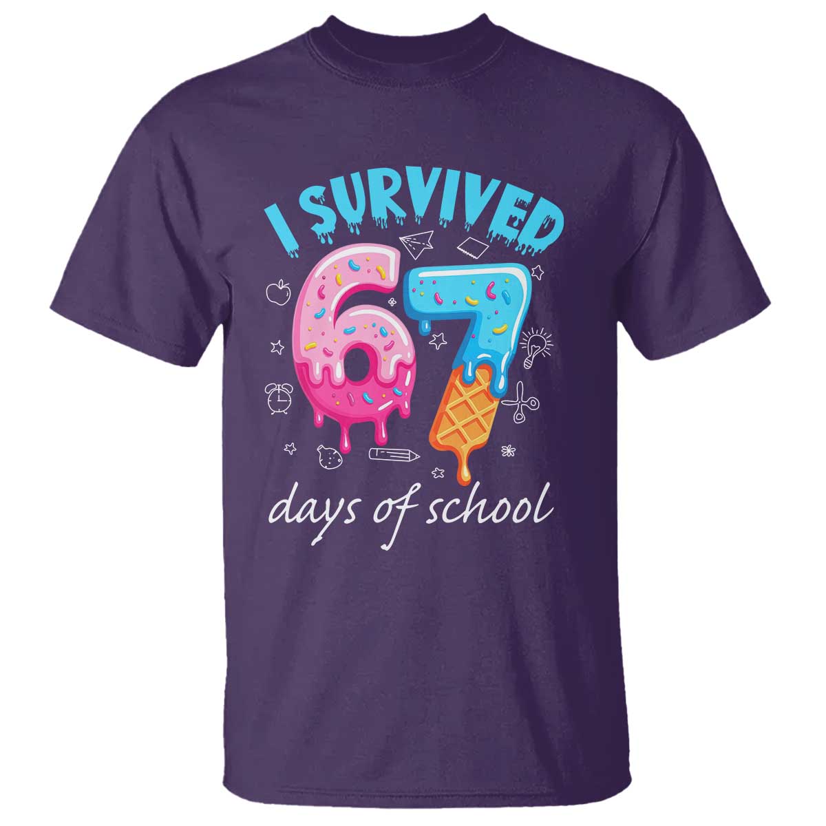 I Survived 67 Days of School Funny Six Seven Meme T Shirt Baseball Ice Cream Dripping TS10 Purple Print Your Wear
