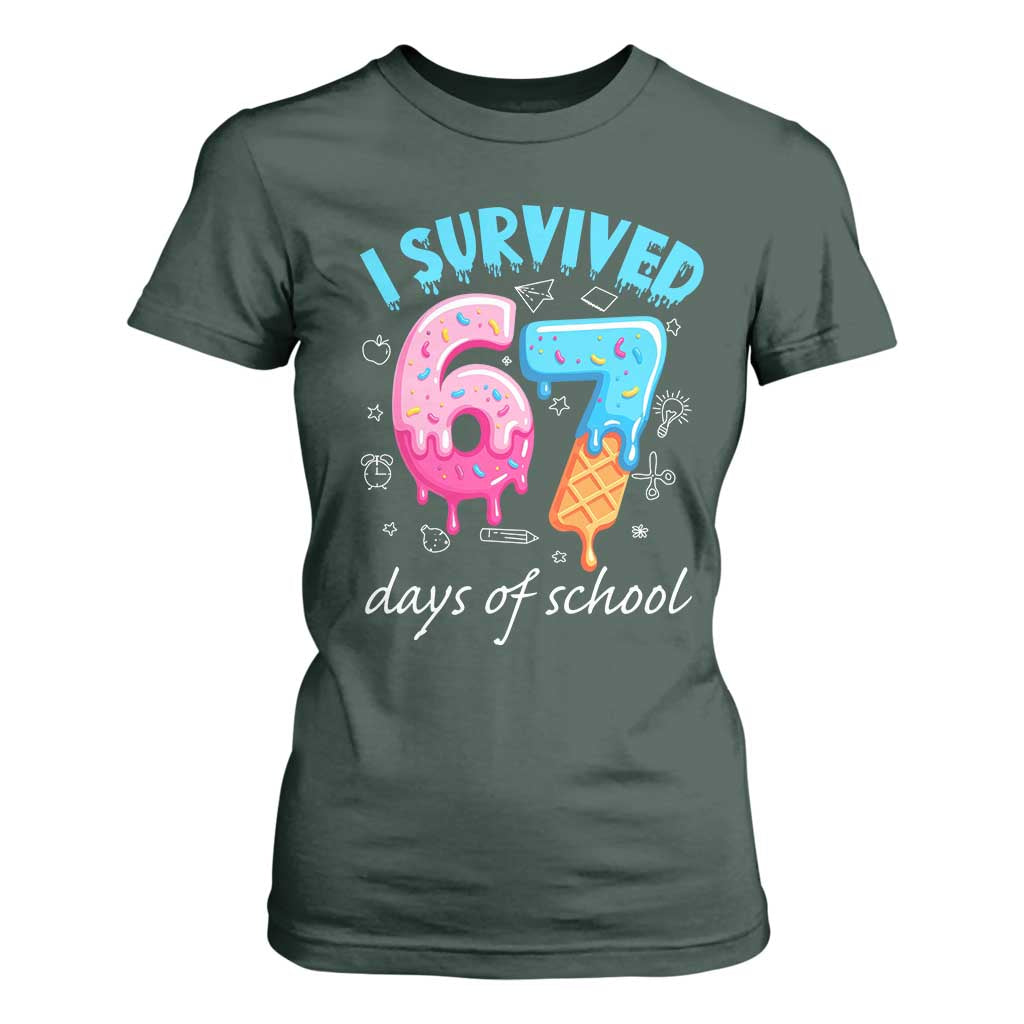 I Survived 67 Days of School Funny Six Seven Meme T Shirt For Women Baseball Ice Cream Dripping TS10 Dark Forest Green Print Your Wear