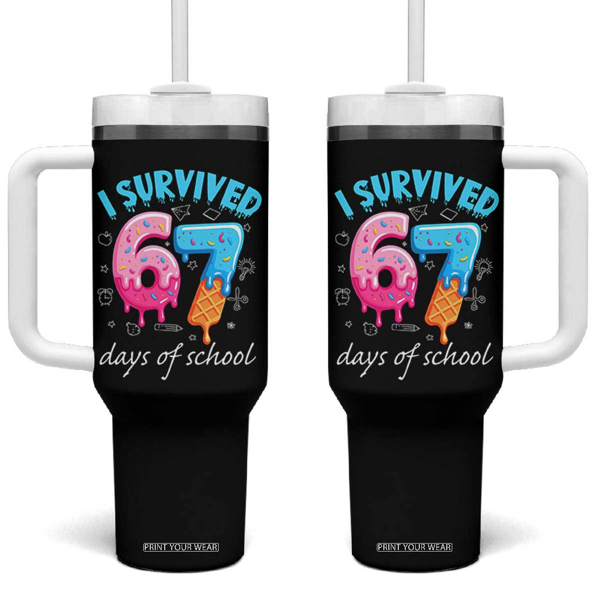 I Survived 67 Days of School Funny Six Seven Meme Tumbler With Handle Baseball Ice Cream Dripping TS10 One Size: 40 oz Black Print Your Wear