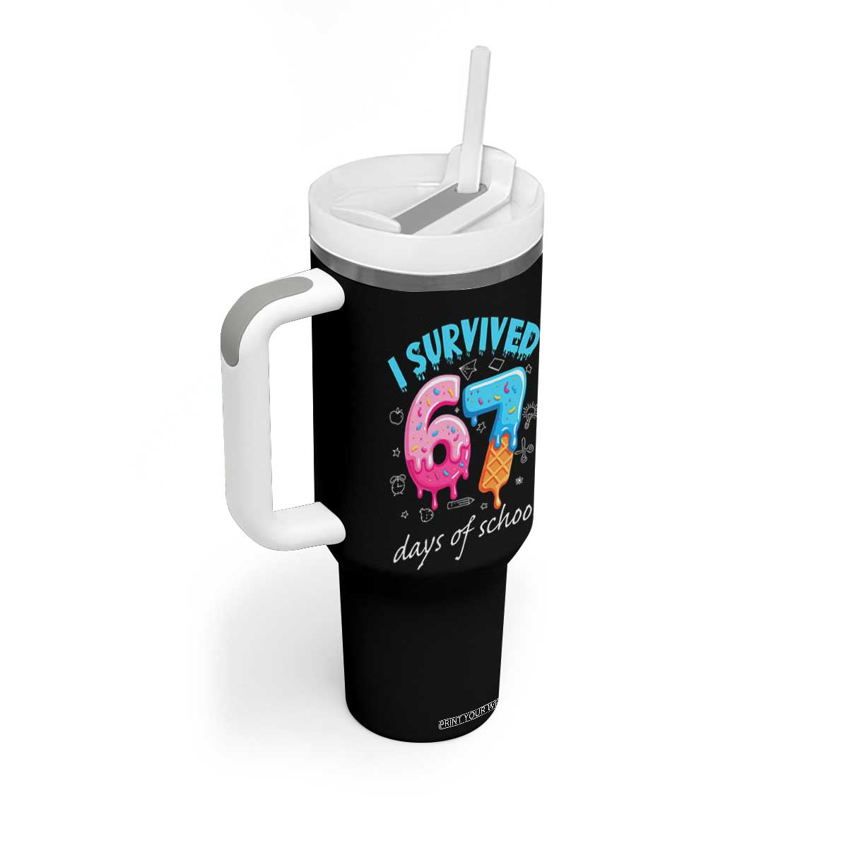 I Survived 67 Days of School Funny Six Seven Meme Tumbler With Handle Baseball Ice Cream Dripping TS10 Print Your Wear