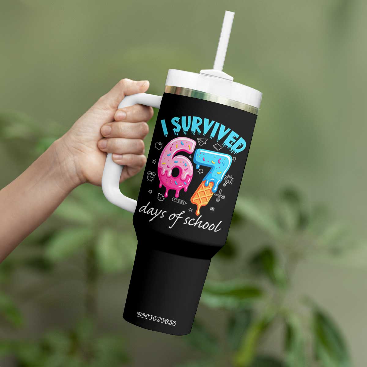 I Survived 67 Days of School Funny Six Seven Meme Tumbler With Handle Baseball Ice Cream Dripping TS10 Print Your Wear
