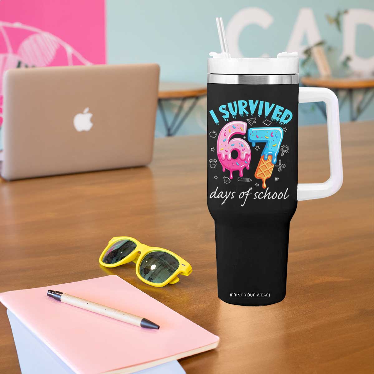 I Survived 67 Days of School Funny Six Seven Meme Tumbler With Handle Baseball Ice Cream Dripping TS10 Print Your Wear