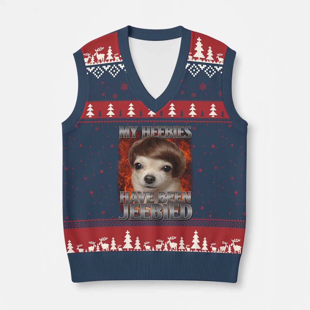 Chihuahua Funny Meme V-Neck Knit Sweater Vest My Heebies Have Been Jeebied Bootleg TS10 Navy Red Print Your Wear