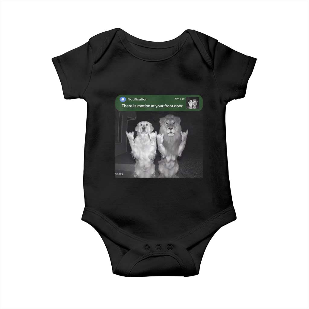 There is Motion at Your Front Door Baby Onesie Funny Golden Retriever Dog And Lion Motion Meme TS10 Black Print Your Wear