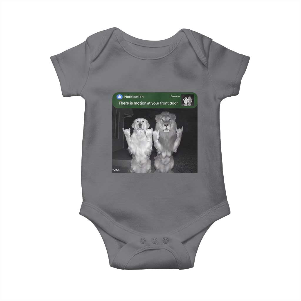 There is Motion at Your Front Door Baby Onesie Funny Golden Retriever Dog And Lion Motion Meme TS10 Charcoal Print Your Wear