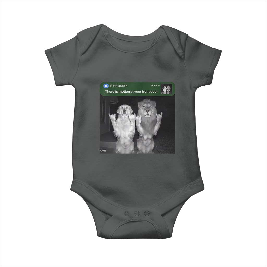 There is Motion at Your Front Door Baby Onesie Funny Golden Retriever Dog And Lion Motion Meme TS10 Dark Heather Print Your Wear