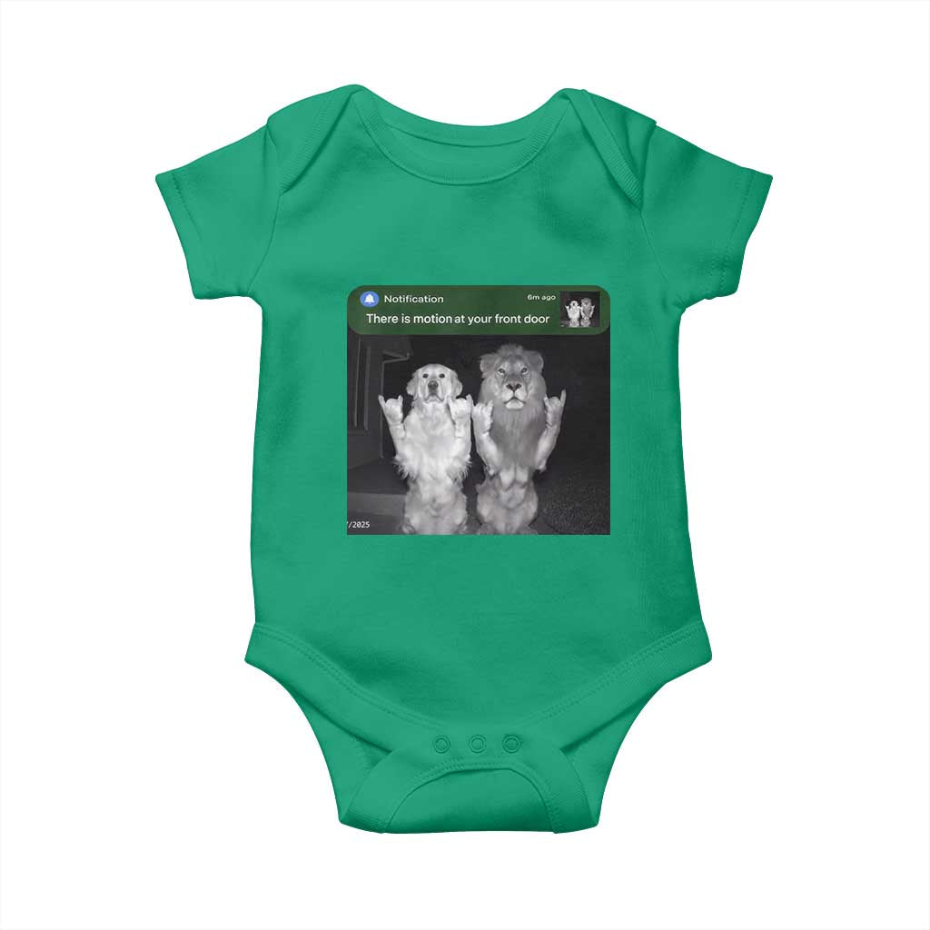 There is Motion at Your Front Door Baby Onesie Funny Golden Retriever Dog And Lion Motion Meme TS10 Irish Green Print Your Wear