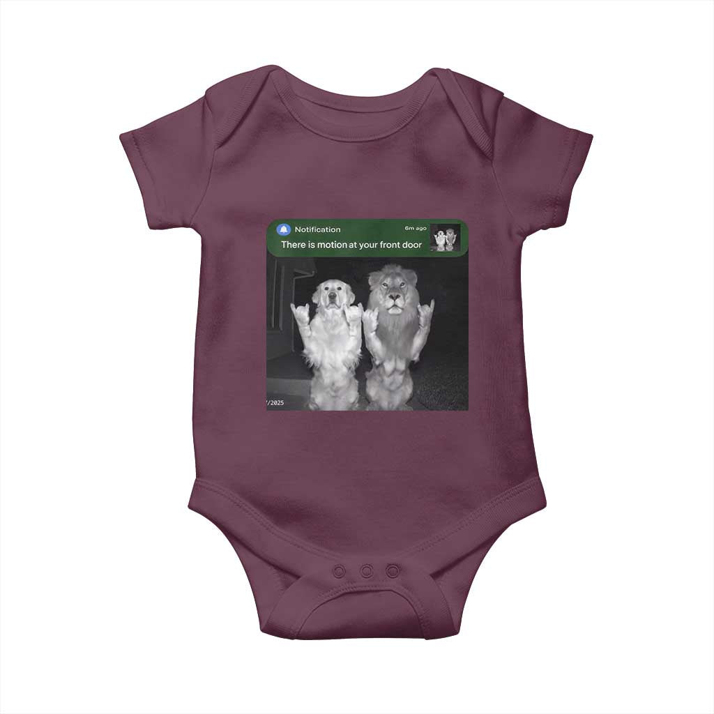 There is Motion at Your Front Door Baby Onesie Funny Golden Retriever Dog And Lion Motion Meme TS10 Maroon Print Your Wear