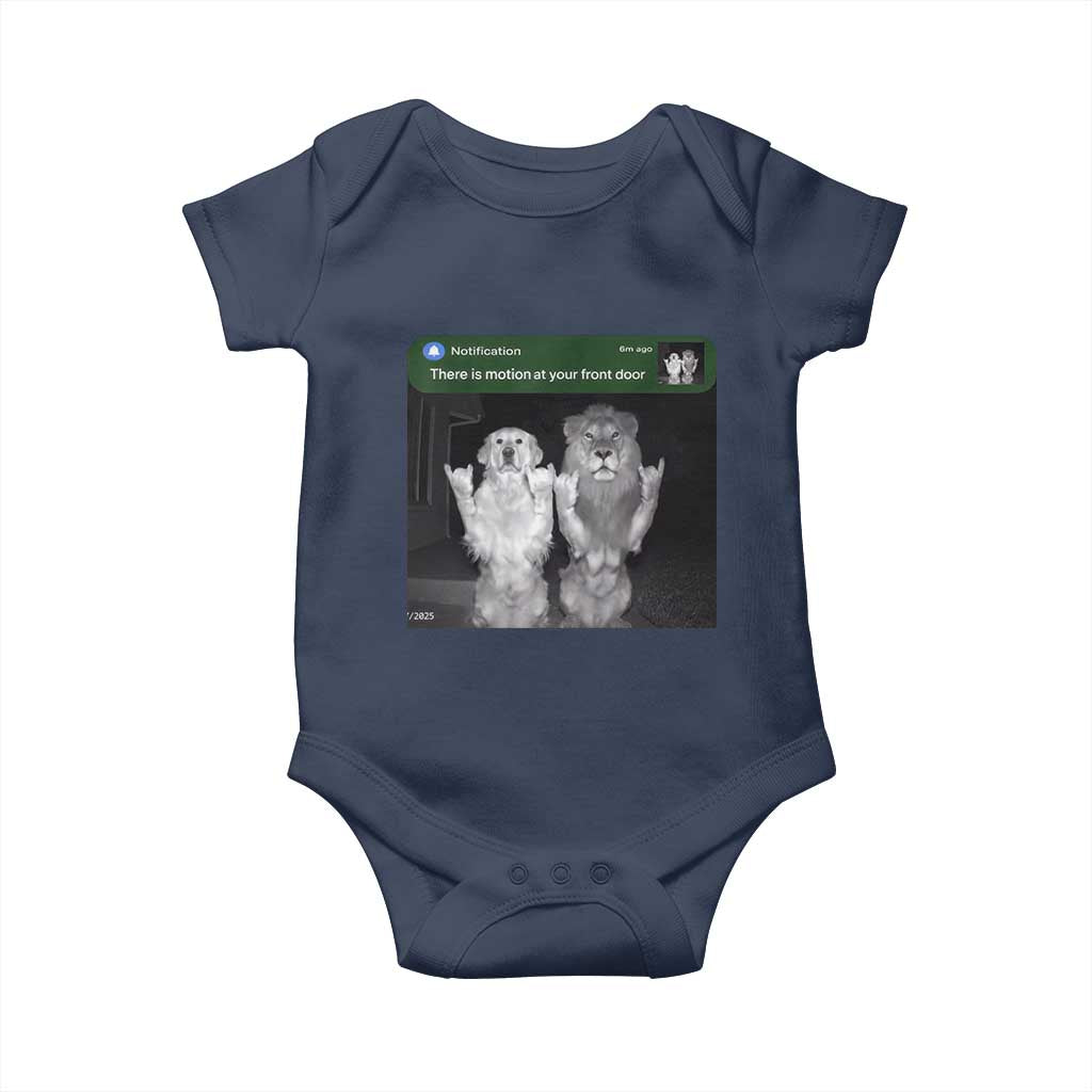 There is Motion at Your Front Door Baby Onesie Funny Golden Retriever Dog And Lion Motion Meme TS10 Navy Print Your Wear