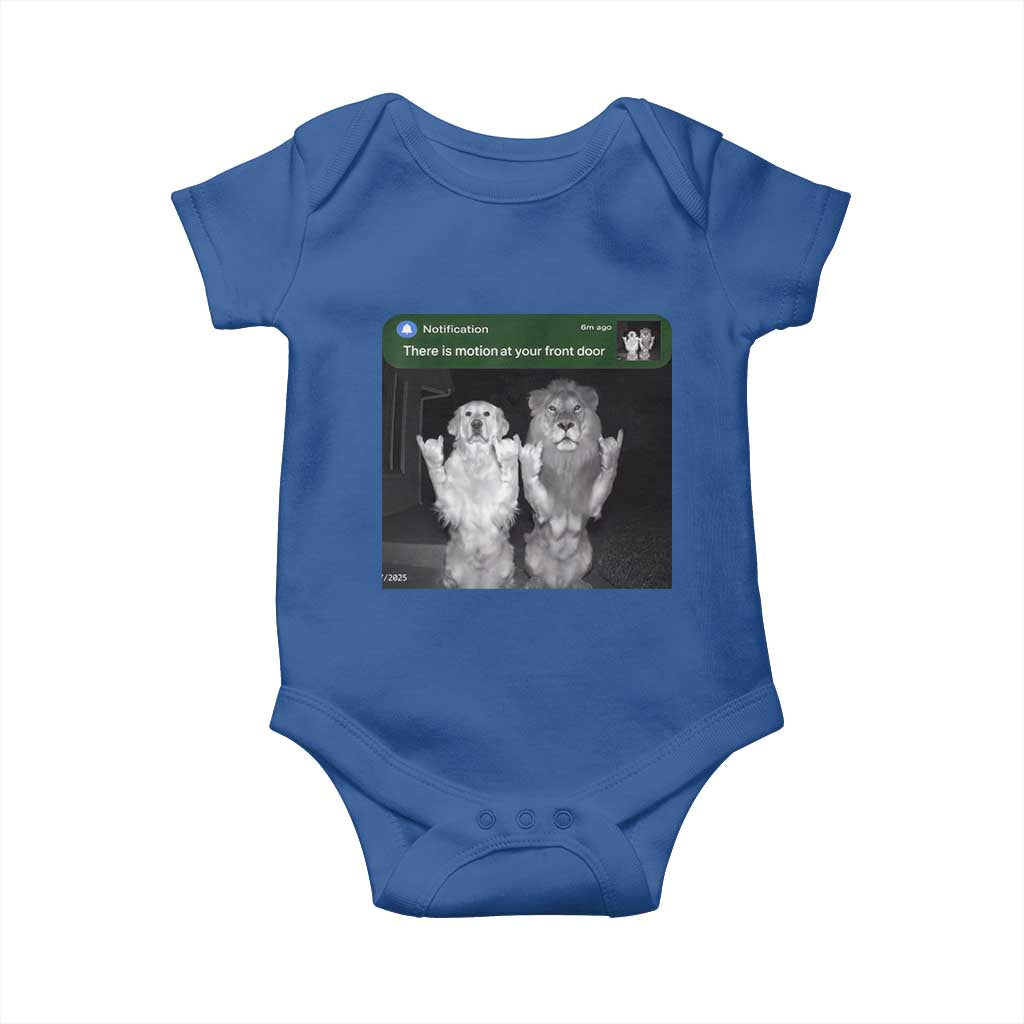 There is Motion at Your Front Door Baby Onesie Funny Golden Retriever Dog And Lion Motion Meme TS10 Royal Blue Print Your Wear