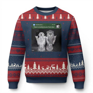 There is Motion at Your Front Door Ugly Christmas Sweater Funny Golden Retriever Dog And Lion Motion Meme TS10 Navy Red Print Your Wear