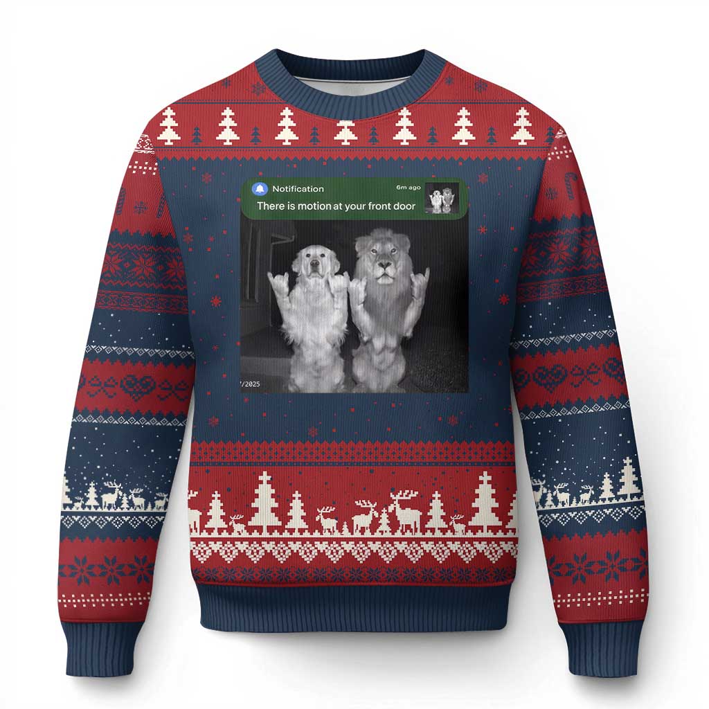 There is Motion at Your Front Door Ugly Christmas Sweater Funny Golden Retriever Dog And Lion Motion Meme TS10 Navy Red Print Your Wear